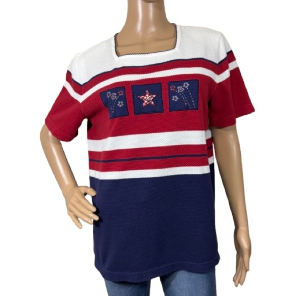 Alfred Dunner 4th of July Patriotic Embroidered Knit Top Size S
